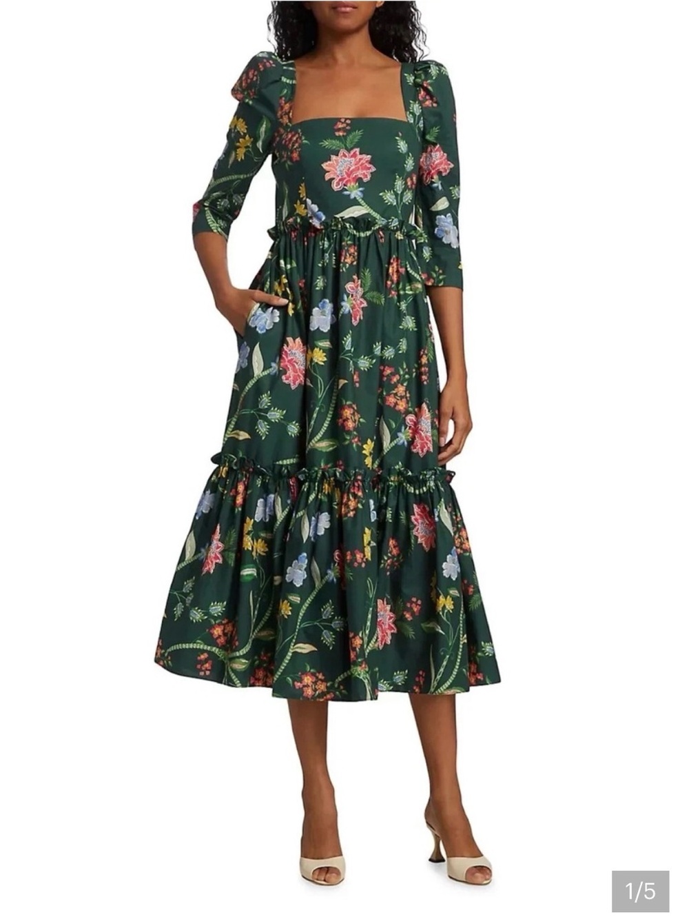 Cara Cara Dark Green Floral Square-Neck Midi Dress